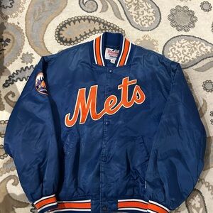 STARTER Blue and Orange Mets Satin Bomber Jacket